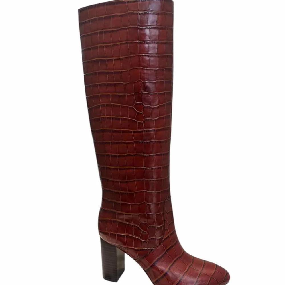 Loeffler Randall Crocodile-Embossed Heeled Boots in Rich Brown